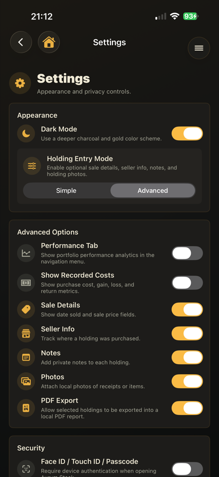 AurumStack advanced options screen with optional performance, cost, notes, photos, and PDF export settings