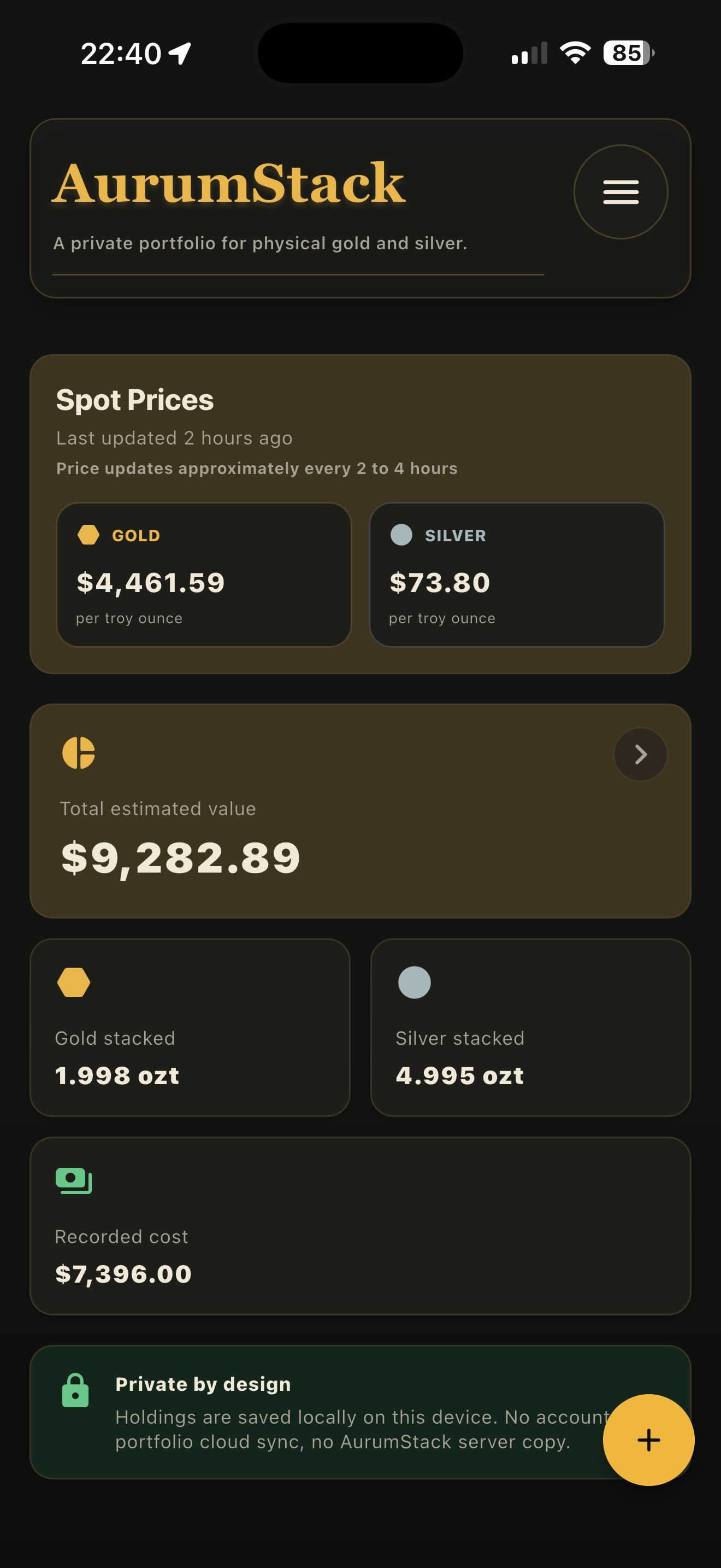 AurumStack dashboard showing spot prices, estimated portfolio value, and locally stored holdings