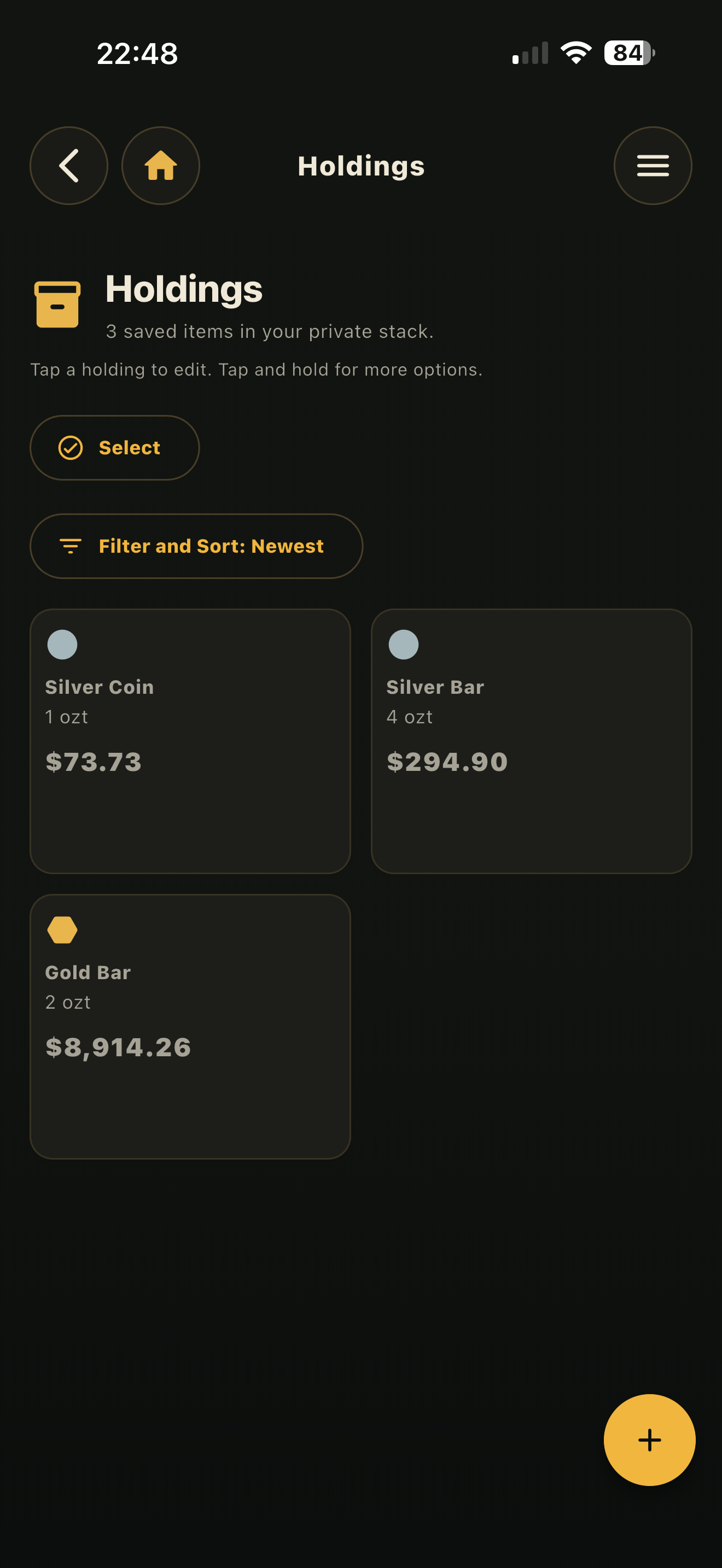 AurumStack holdings screen with gold and silver holding cards