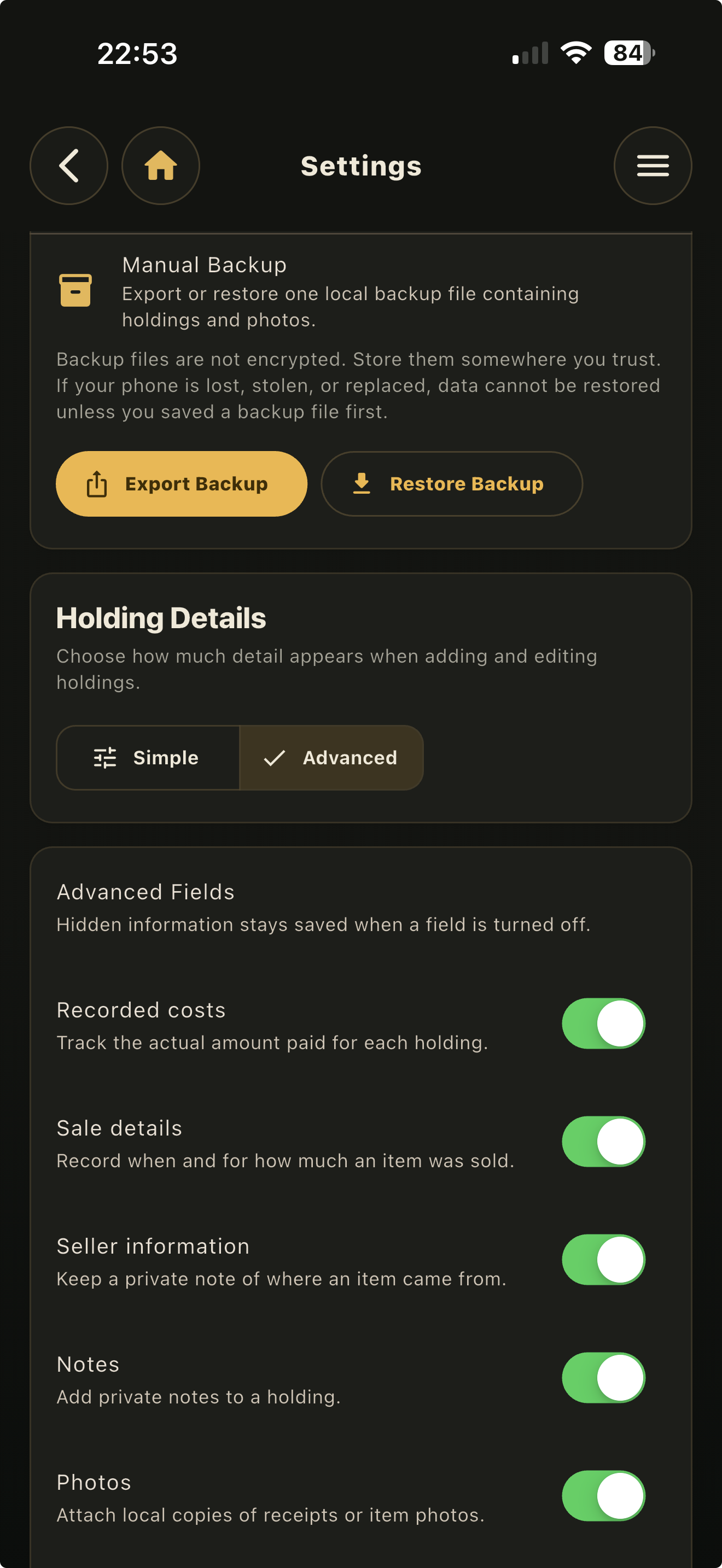 AurumStack settings screen with backup tools, simple mode, advanced mode, and optional advanced fields