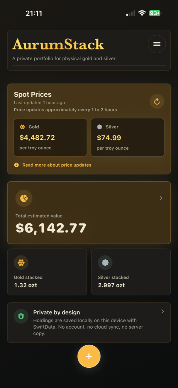 AurumStack dashboard showing spot prices, estimated portfolio value, and locally stored holdings