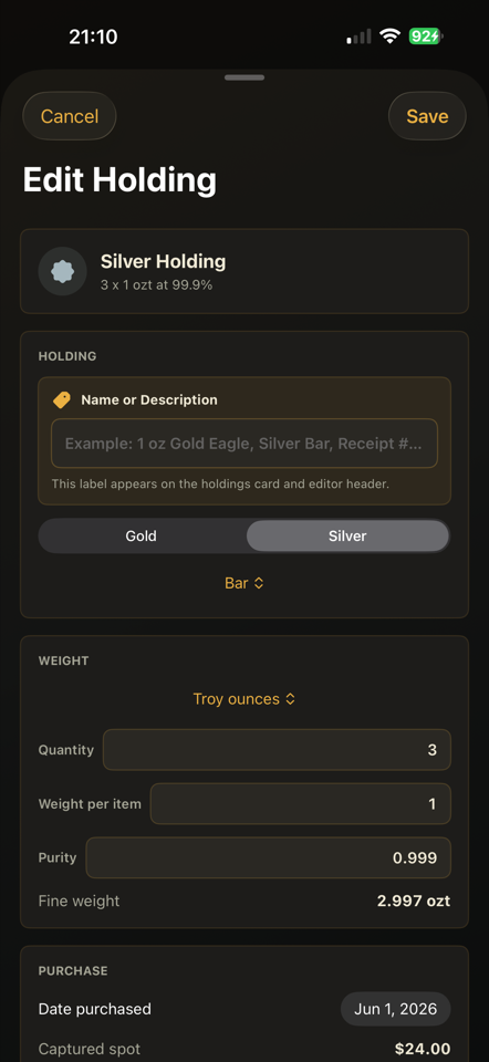 AurumStack edit holding screen with quantity, weight per item, purity, and captured spot price