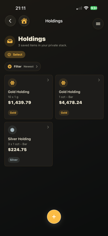 AurumStack holdings screen with gold and silver holding cards